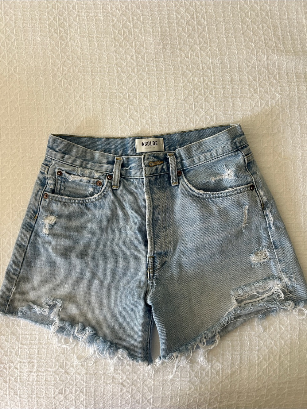 Agolde Light Wash Distressed Denim Shorts